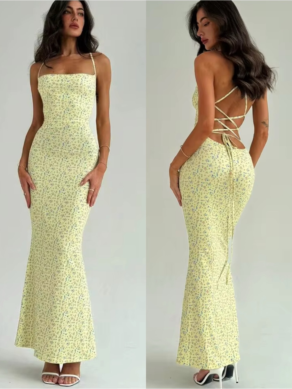 SHEIN Yellow Floral Lace-Up Back Maxi Dress